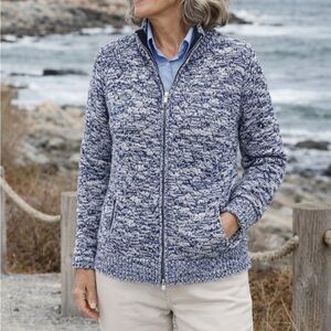 NWT Land’s End Blue & White Knit Full Zip Cardigan, XS 2/4